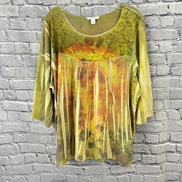 Dressbarn Woman 2X Textured Multicolor Abstract Print Top 3/4 Sleeve Scoop Neck - Picture 1 of 6